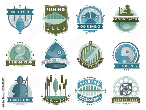 Set of vector badges stickers on catching fish seafood adventure fishing club shop badge vector illustration