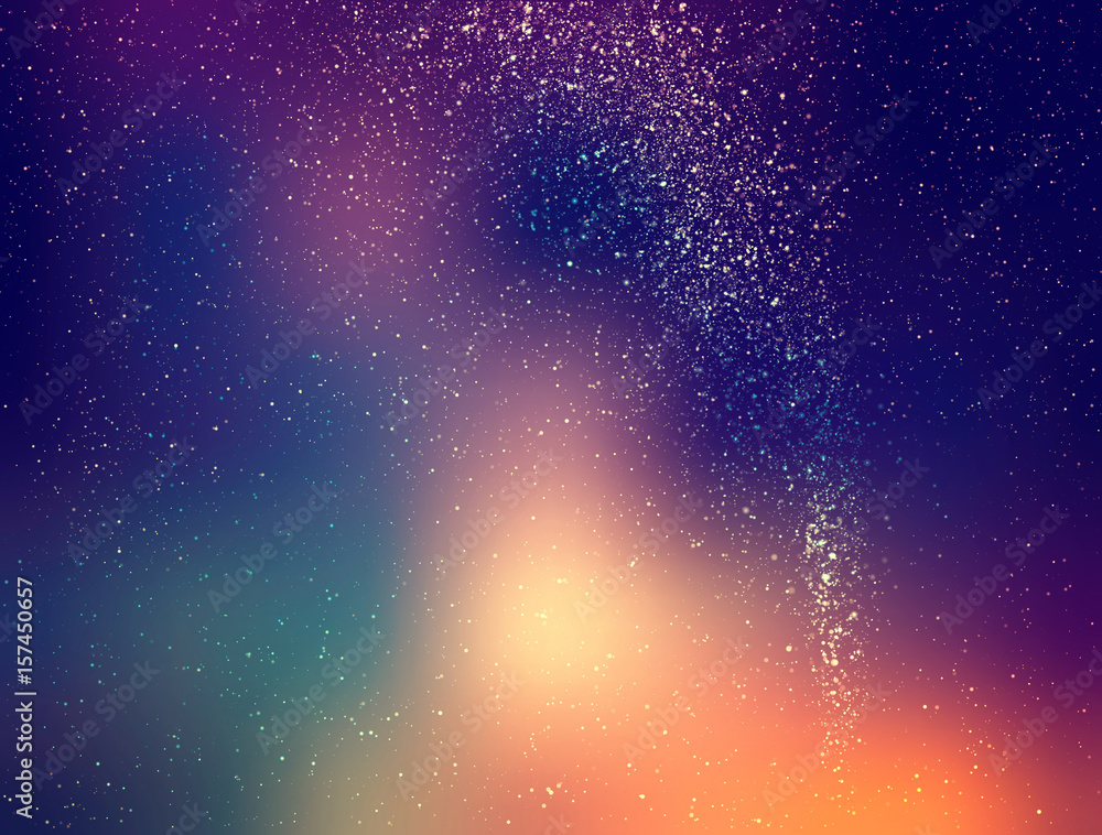 Starry sky illustration, stars and milky way on colored night sky with clusters of stars - obrazy, fototapety, plakaty 