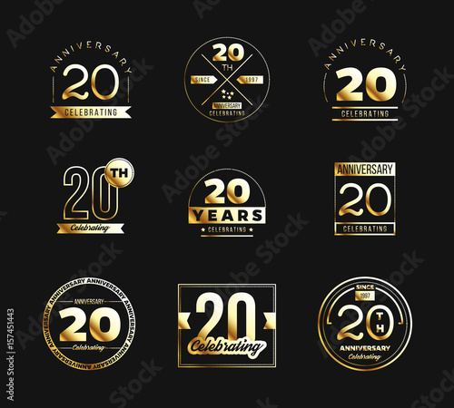 20th anniversary logo set with gold elements. Vector illustration.