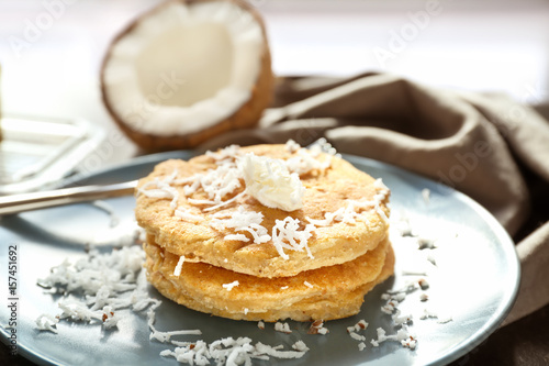 Wallpaper Mural Plate with tasty homemade coconut pancakes on table Torontodigital.ca