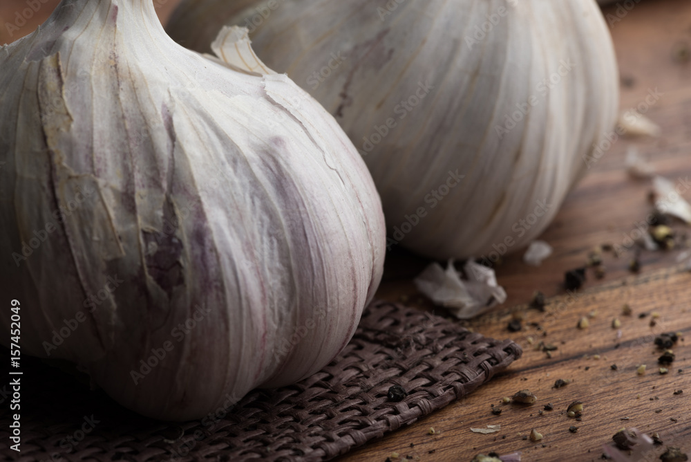 Fresh garlic, pepper and spices, rustic style, selective focus - obrazy, fototapety, plakaty 