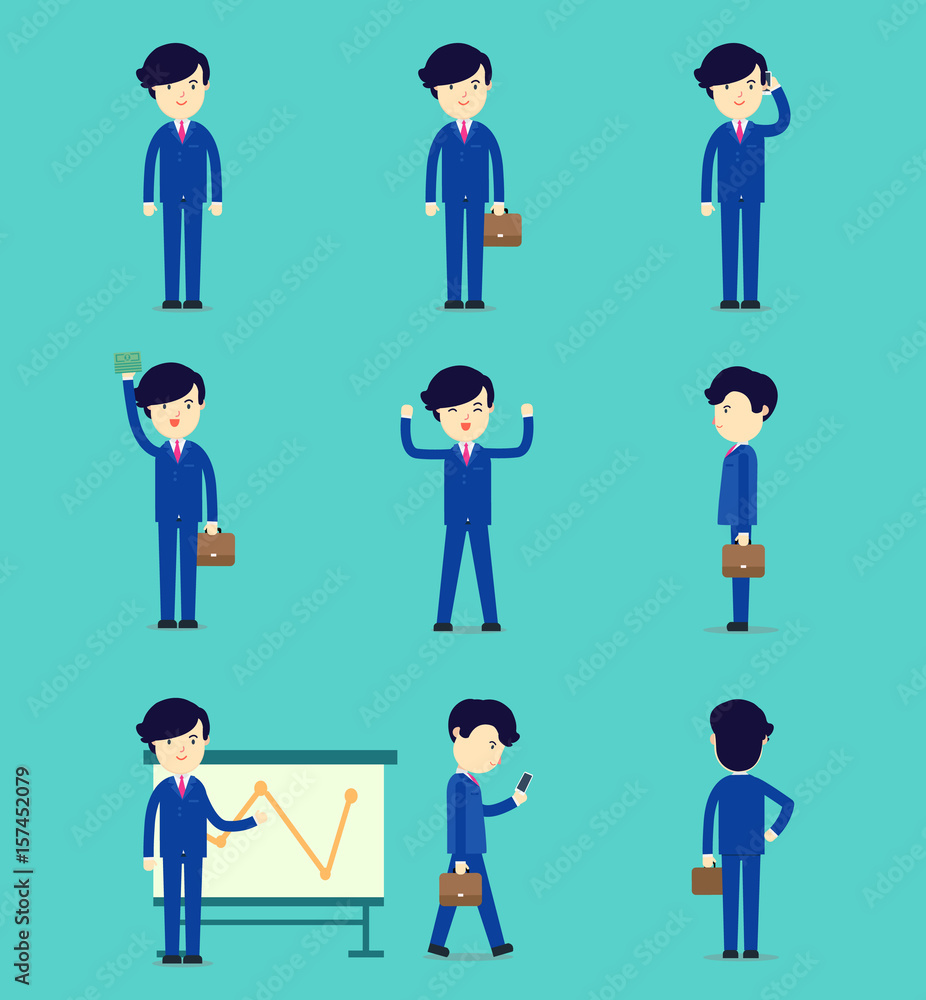 Business smart man cartoon character design with blue suite and brown bag,smartphone and graph board in many poses,stand,called,present,happy,side,succession illustration with blue background