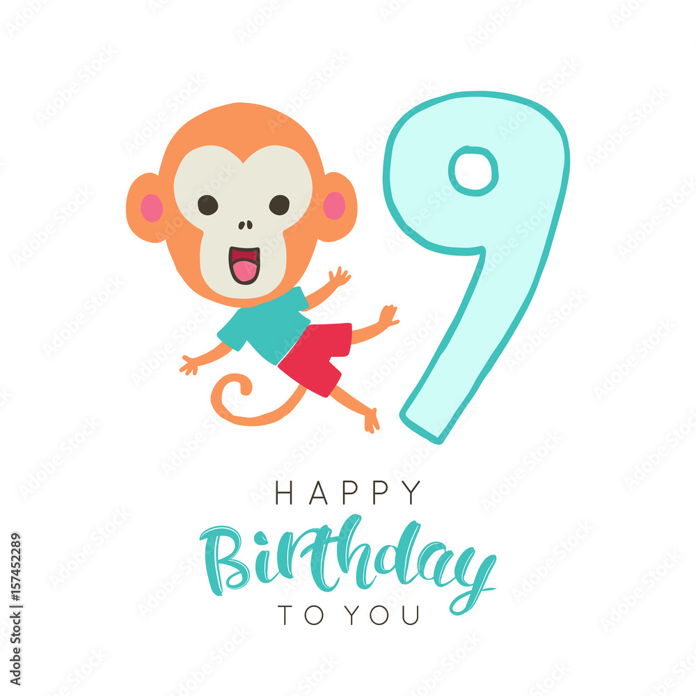Obraz premium Vector illustration of greeting card with happy birthday to you words and cute monkey dedicated to ninth birthday.