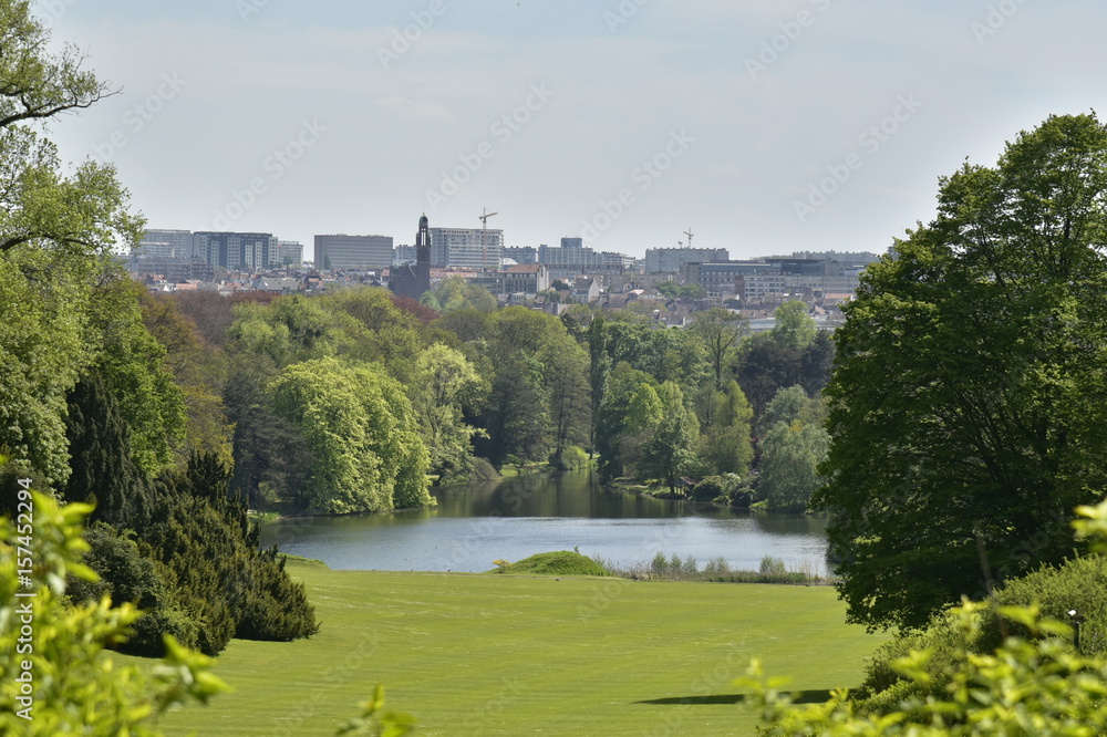 L'un des étangs entouré d'arbres dans l'immense Parc Royal de Laeken avec à l'arrière plan ,le tissu urbain de Schaerbeek et Evere 