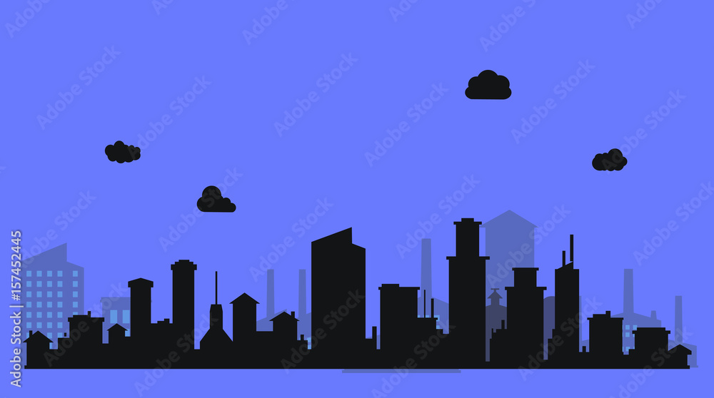 Silhouette level city with clouds and purple background