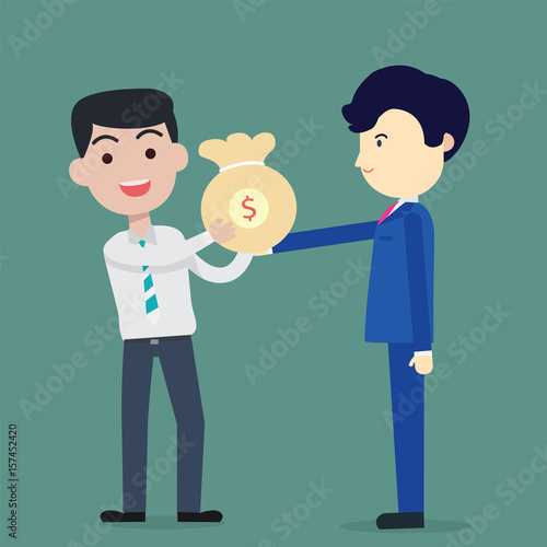 Business man blue suite bring bag of money to Employees white suite vector illustration, bank loan cash giving, credit packet, salary payment