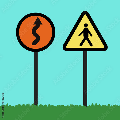 Flat Traffic signs illustration tell arrow curve on orange circle label and silhouette man walk in triangle label on grass and sky background