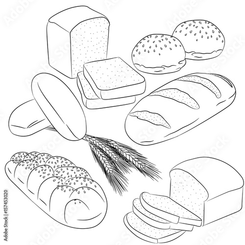 Vector line art illustration with food. Set with various  bread baking. Illustration for menu, cookbook or coloring book. Sketch isolated on white background