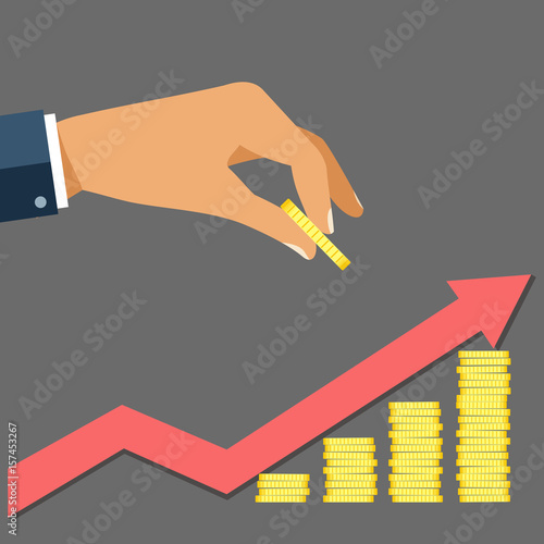 Business man hand hold gold coin and growth stocks with coins with red arrow on gray background vector illustration in flat design.  investment concept and profit