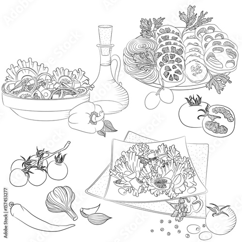 Vector line art illustration with food. Set with various vegetable salads. Illustration for menu, cookbook or coloring book. Sketch isolated on white background