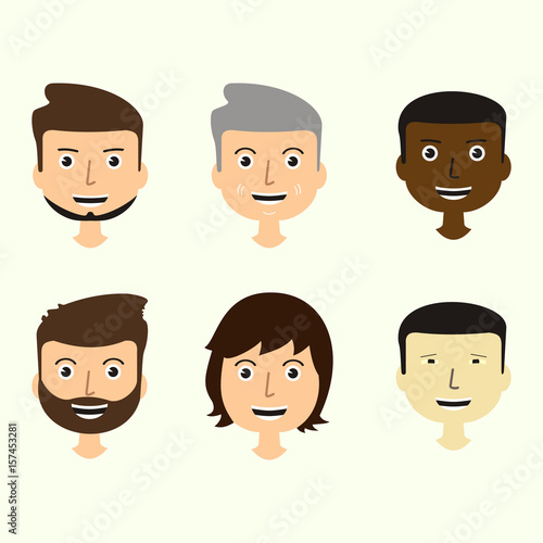 Set of men's faces expressing positive emotions. Human faces with smiles. web avatar icons. Vector flat design illustrations.