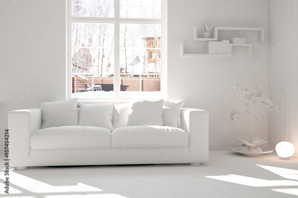 Fototapeta premium White room with sofa. Scandinavian interior design. 3D illustration