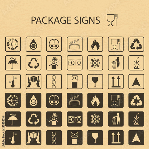Vector packaging symbols on vector cardboard background. Shipping icon set including recycling, fragile, flammable, non-toxic material, other symbols. Use on package. Stock vector. Flat design.