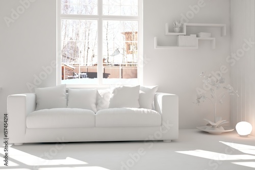 White room with sofa. Scandinavian interior design. 3D illustration