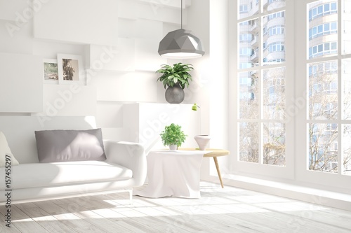 White room with sofa and urban landscape in window. Scandinavian interior design. 3D illustration