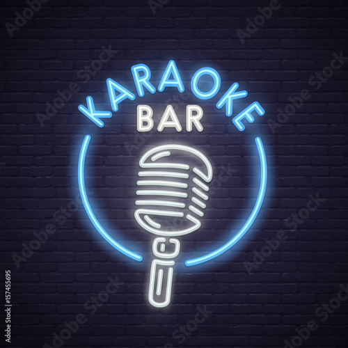 Karaoke neon sign. Neon sign, bright signboard, light banner. 
