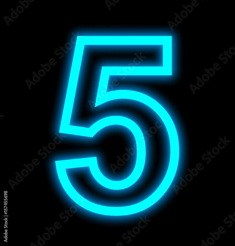 number 5 neon lights outlined isolated on black