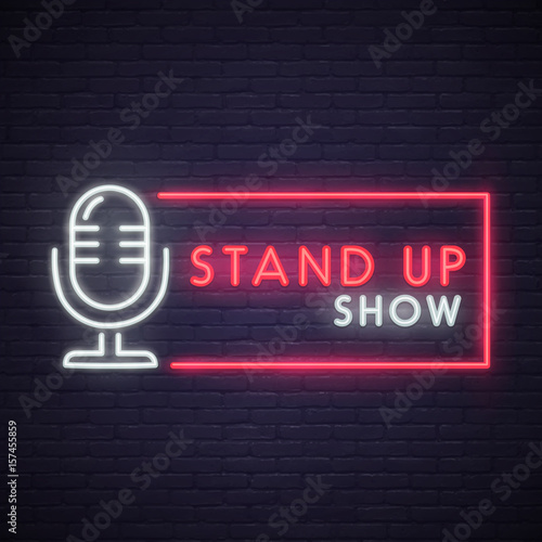 Stand Up neon sign. Neon sign, bright signboard, light banner