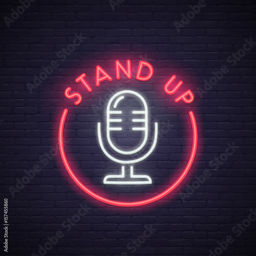Stand Up neon sign. Neon sign, bright signboard, light banner. 