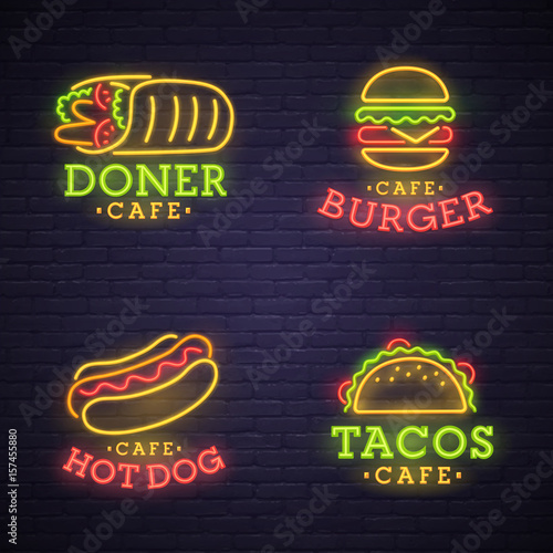 Fast food neon sign. Neon sign, bright signboard, light banner