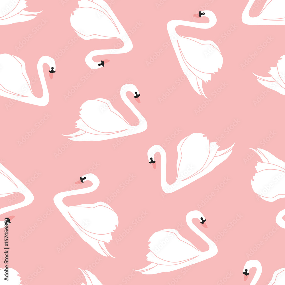 Seamless pattern with white swans. White swans on pink background. Vector illustration.