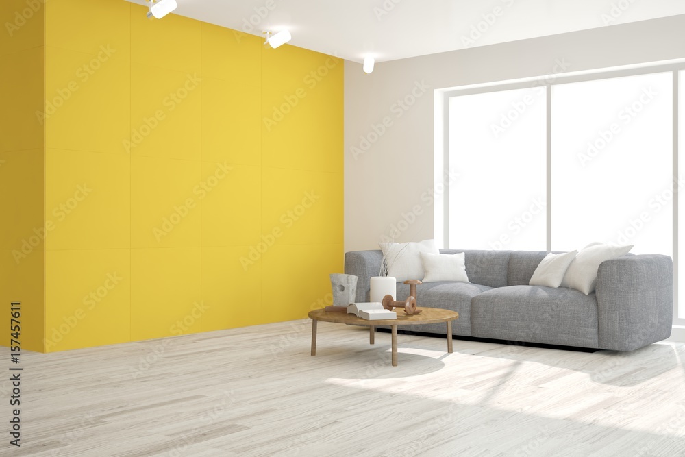 Yellow modern room with sofa. Scandinavian interior design. 3D illustration Yellow modern room with sofa. Scandinavian interior design. 3D illustration