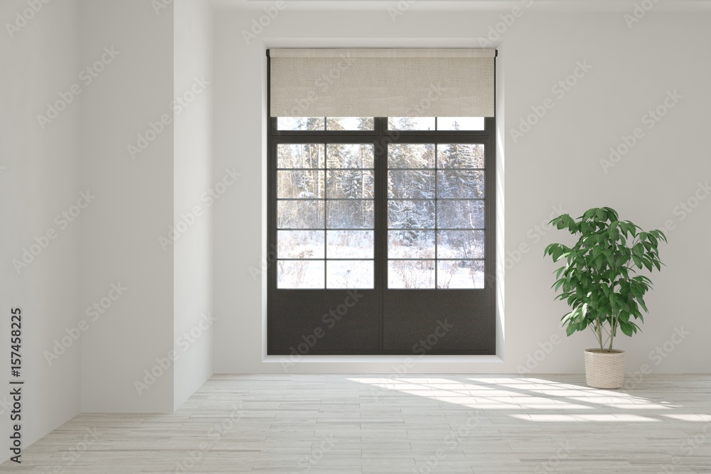 White empty room with winter landscape in window. Scandinavian interior design. 3D illustration - obrazy, fototapety, plakaty 
