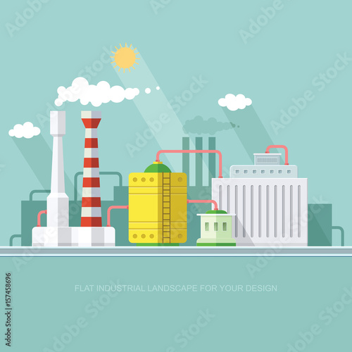 industry manufactory building. Factories producing oil and gas, metals and rubber, energy and power. Destroys nature. Icon of eco friendly factories. Flat Vector background illustration