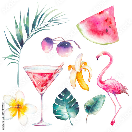 Watercolor summer set. Hand drawn vacation icons: flamingo, cocktail, watermelon slice, sunglasses, frangipani tropical flower, banana, palm leaves and monstera leaf. 
