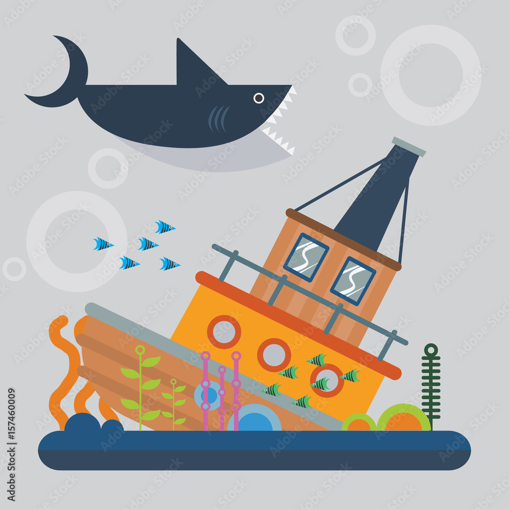 shark at sea with abandoned ship and coral decoration cartoon vector illustration