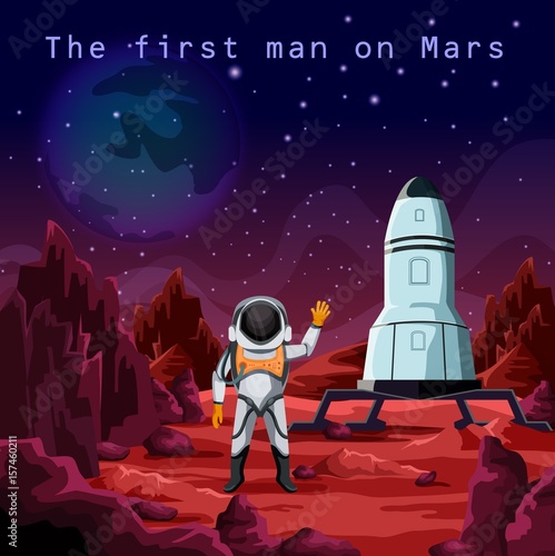 First man in spacesuit exploring red planet mars