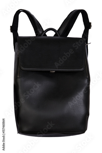 elegant black leather backpack isolated on white background