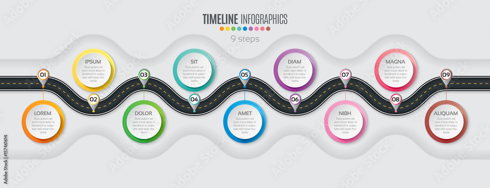 Navigation map infographic 9 steps timeline concept. Winding roa Stock ...