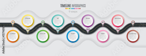 Navigation map infographic 9 steps timeline concept. Winding roa