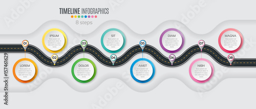 Navigation map infographic 8 steps timeline concept. Winding roa