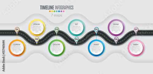 Navigation map infographic 7 steps timeline concept. Winding roa