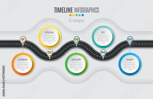 Navigation map infographic 5 steps timeline concept. Winding roa