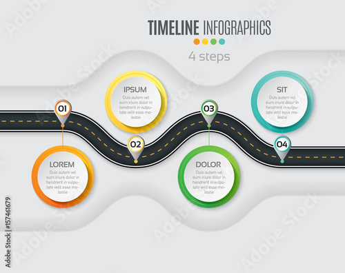 Navigation map infographic 4 steps timeline concept. Winding roa