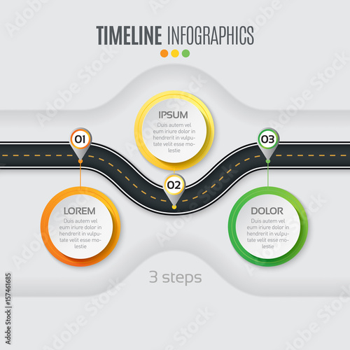 Navigation map infographic 3 steps timeline concept. Winding roa