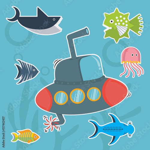 submarine and fish cartoon sticker vector illustration
