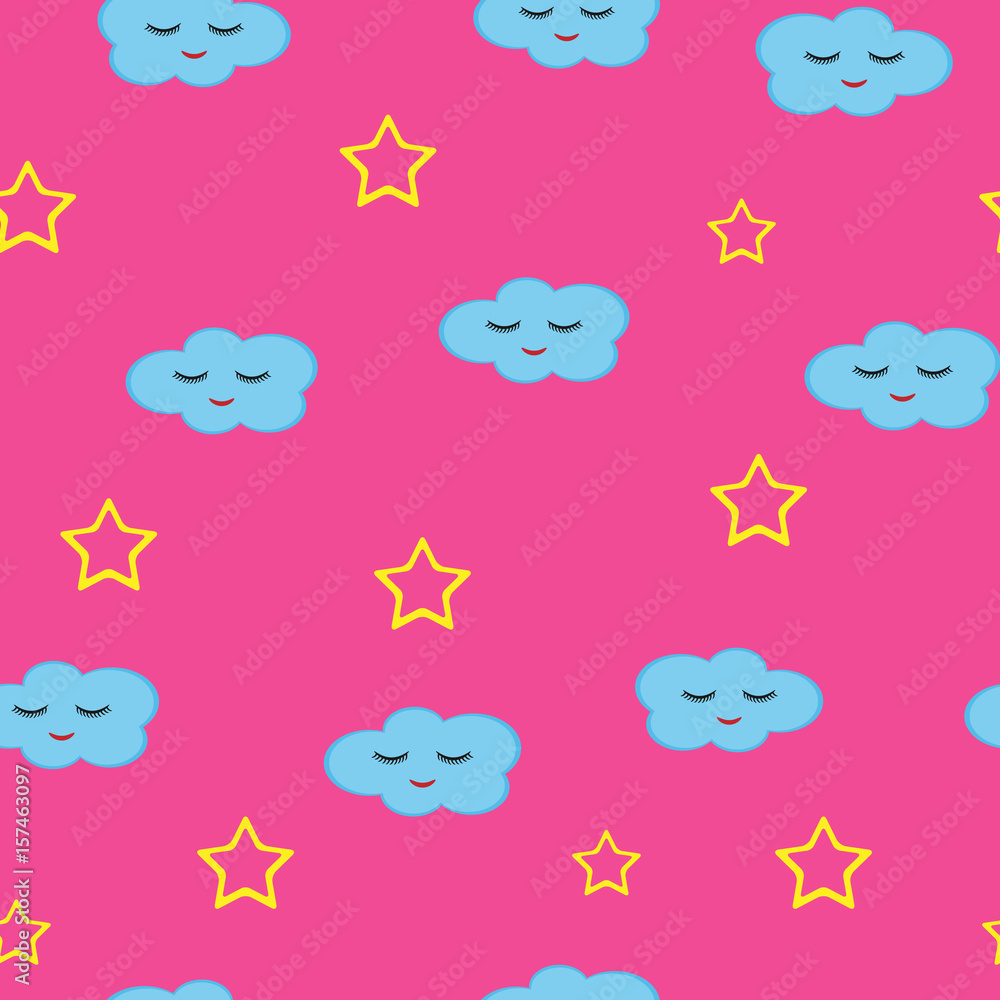 Cloud with a smiling face and the outlines of the stars. Cartoon seamless pattern. Cloud with a smiling face and the outlines of the stars. Cartoon seamless pattern.