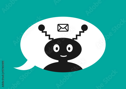 Chatbot symbol. Silhouette of a robot with a smiling face, icon of an envelope, speech bubble background.