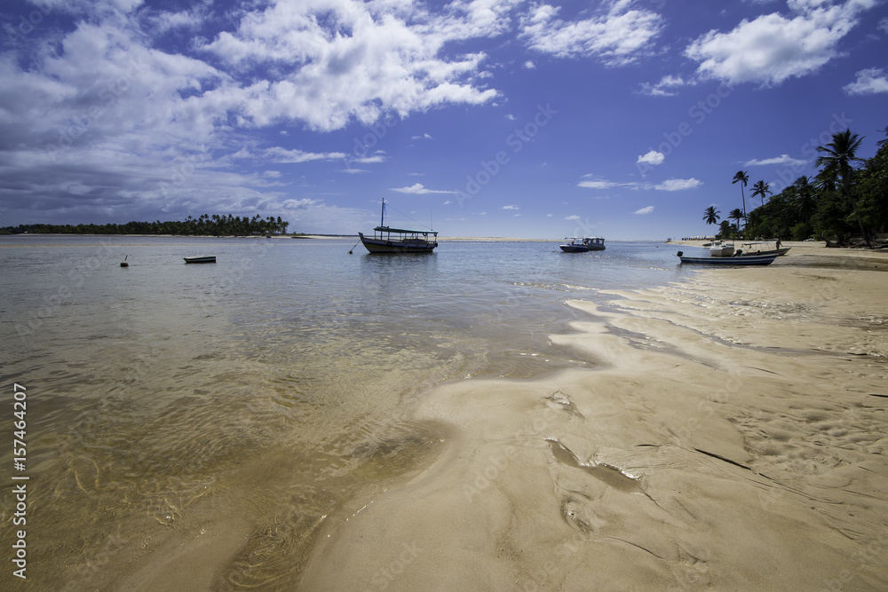 Naklejka premium Beautiful beach in tropical paradise with boats