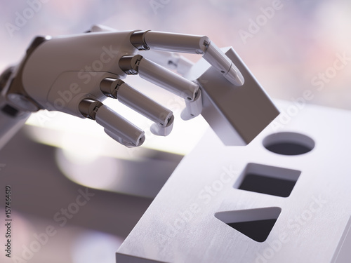 Robot Playing Shape Sorter Toy. Artificial Intelligence and Machine Learning Concept 3d Illustration