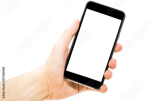 Telefon w ręce ekran biały pusty wyświetlacz do wrzucenia zawartości izolowane białe tło