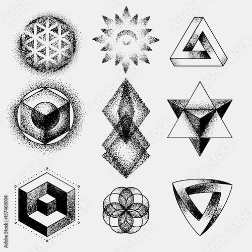 Set of impossible and other tattoo shapes, dotwork, blackwork all made of dots. Geometrical, sacred figures stars and cubes