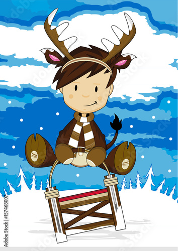 Cute Reindeer Kid on Sledge