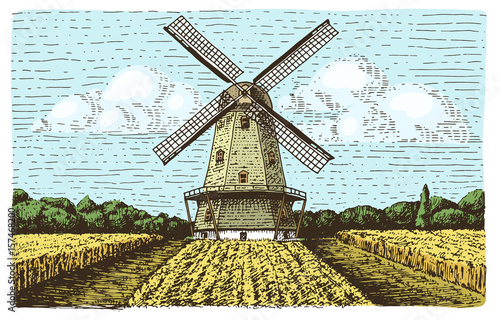 Windmill landscape in vintage, retro hand drawn or engraved style, can be use for bakery logo, wheat field with old building