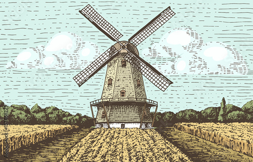 Windmill landscape in vintage, retro hand drawn or engraved style, can be use for bakery logo, wheat field with old building