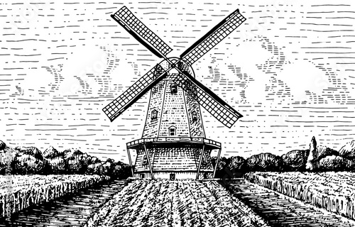 Windmill landscape in vintage, retro hand drawn or engraved style, can be use for bakery logo, wheat field with old building